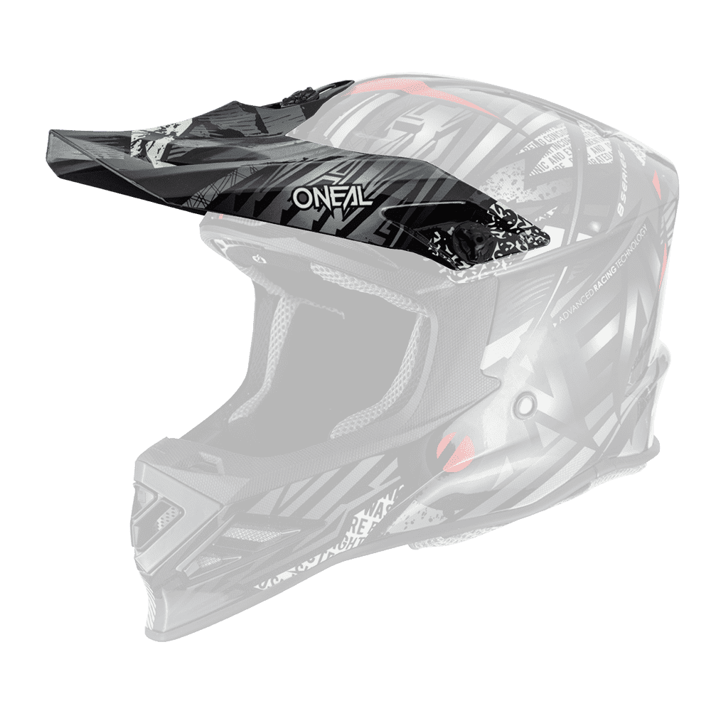 Der O'NEAL Visor F-SRS Helm SYNTHY ist ein schwarzer und grauer Motocross-Helm mit kantigen Mustern, roten Akzenten, einer großen Gesichtsöffnung für Brillen, einem Visier und auffälligen "O'NEAL"-Logos an der Seite und auf der Vorderseite.