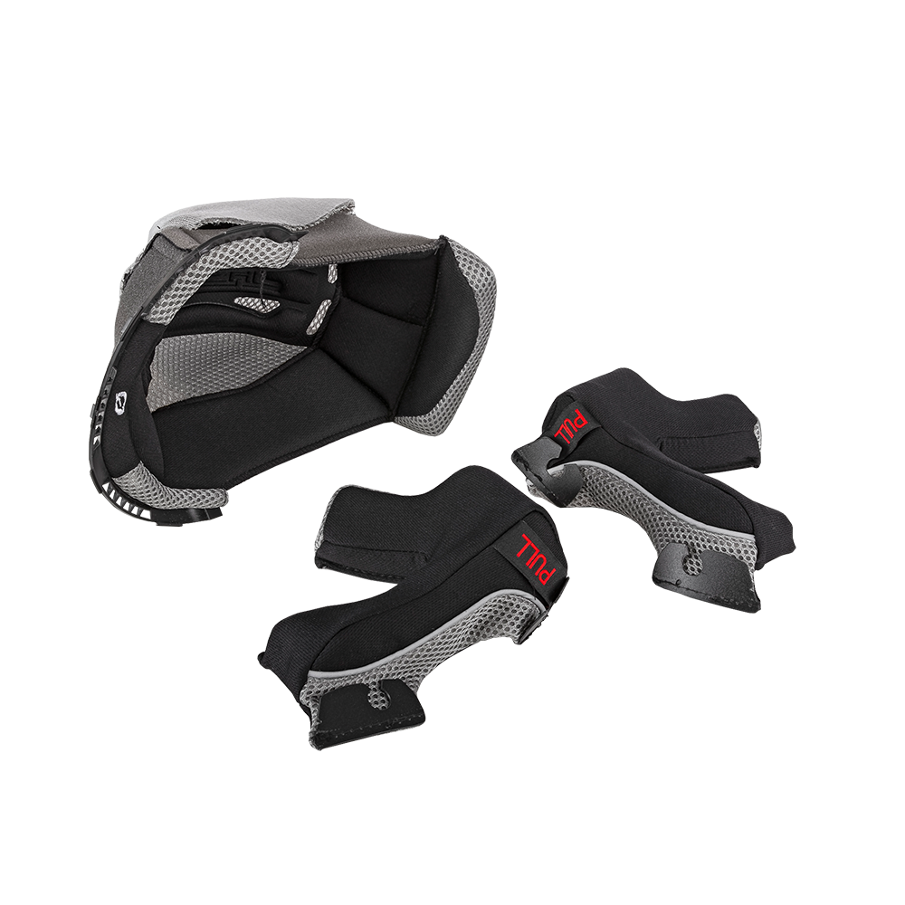 Satz von drei schwarzen und grauen O'NEAL Liner & Cheek Pads F-SRS Helmet Liners; inklusive Mesh-Panels, zwei davon mit "PULL" in rot auf schwarzen Laschen.
