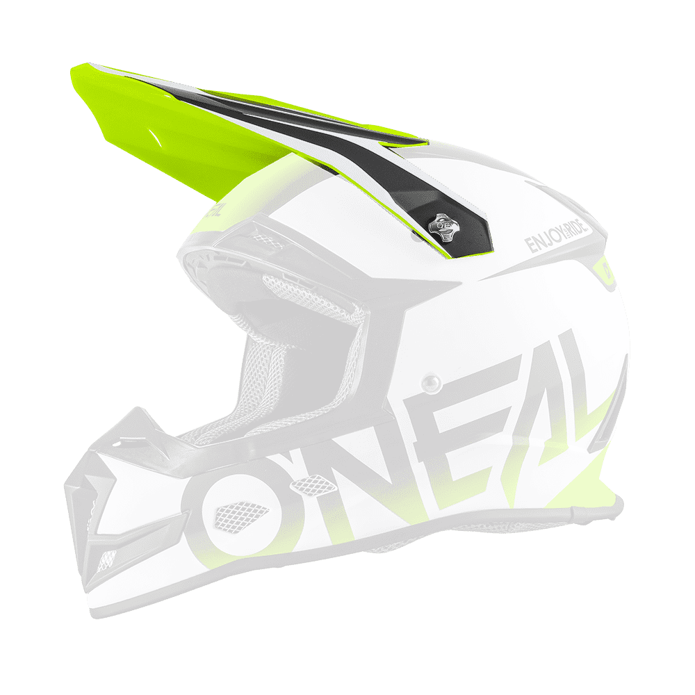 Seitenansicht des O'NEAL Visor 5SRS Helmet BLOCKER in weißem, schwarzem und leuchtend gelbem Design mit Visier, Netzbelüftung und "O'NEAL"-Schriftzug an der Seite.