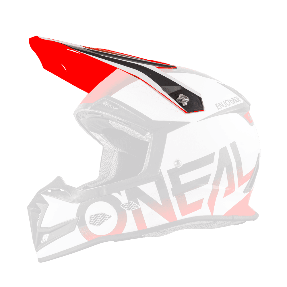 Der O'NEAL Visor 5SRS Helmet BLOCKER ist ein weiß-roter Motocross-Helm mit schwarzen Akzenten, "O'NEAL" in Fettschrift an der Seite und einem auffälligen roten Visier.