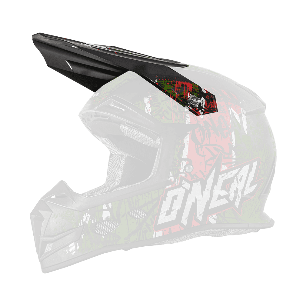 Der O'NEAL Visor 5SRS Helmet VANDAL ist ein schwarzer Motocross-Helm mit einem auffälligen Visier, das rote, grüne und weiße Graffiti-Grafiken und einen auffälligen "O'Neal"-Schriftzug an der Seite aufweist.
