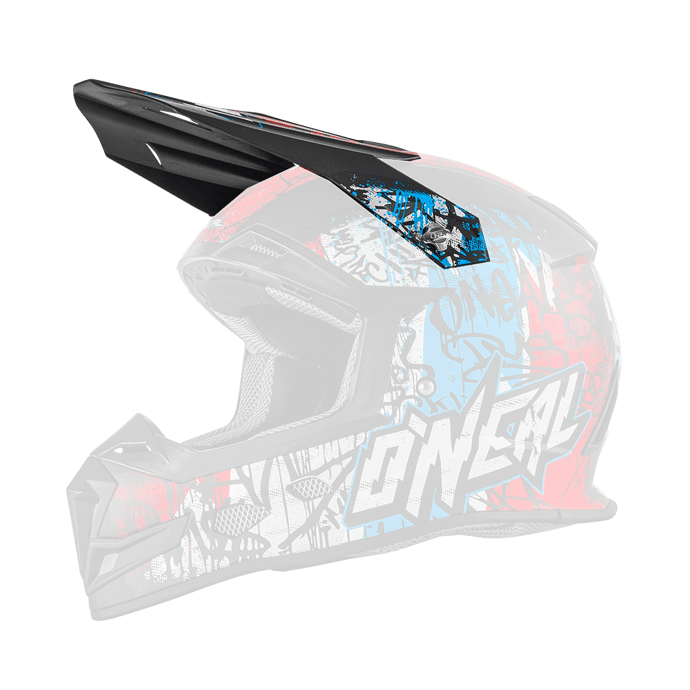 Der O'NEAL Visor 5SRS Helmet VANDAL ist ein Motocross-Helm mit Visier, auffälligen roten, blauen, schwarzen und weißen Grafiken und dem Schriftzug "O'NEAL" an der Seite.