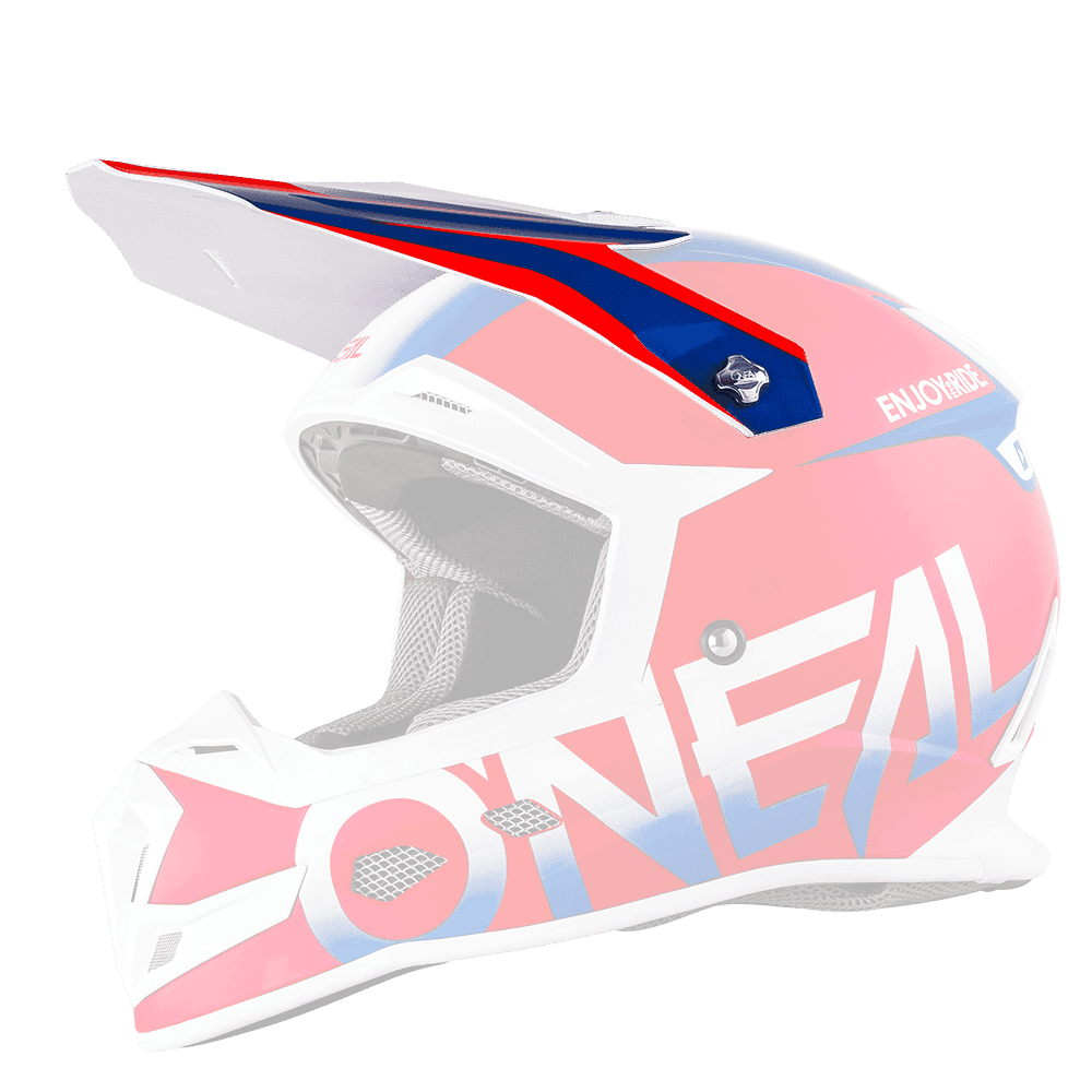 Der O'NEAL Visor 5SRS Helmet BLOCKER hat ein rot-weiß-blaues Design mit auffälligem seitlichem Branding, Visier, Belüftungsöffnungen und gepolsterter Innenseite. Abgebildet im Seitenprofil auf einem transparenten Hintergrund.