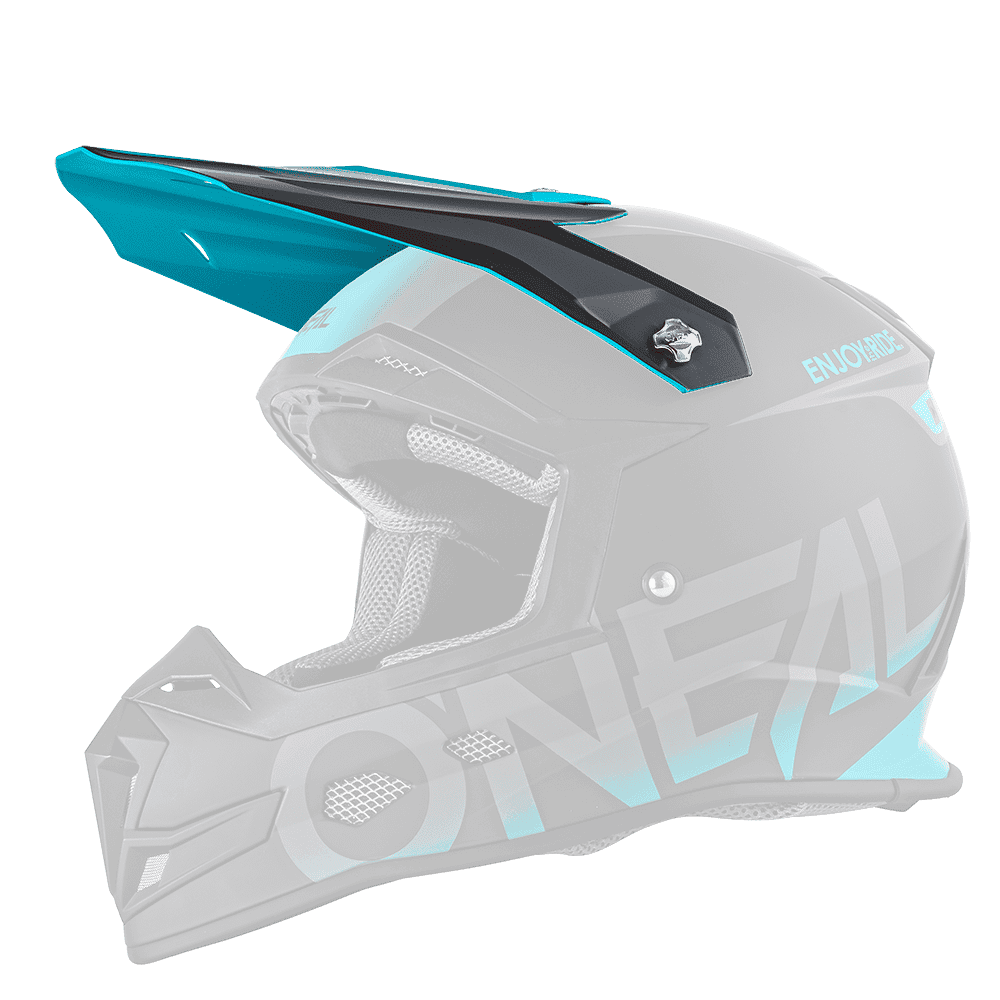 Der O'NEAL Visor 5SRS Helmet BLOCKER ist ein schwarzer und blaugrüner Motocross-Helm mit mattem Finish, Visier, großen Belüftungsöffnungen, gepolsterter Innenausstattung und "O'NEAL"-Branding an der Seite.