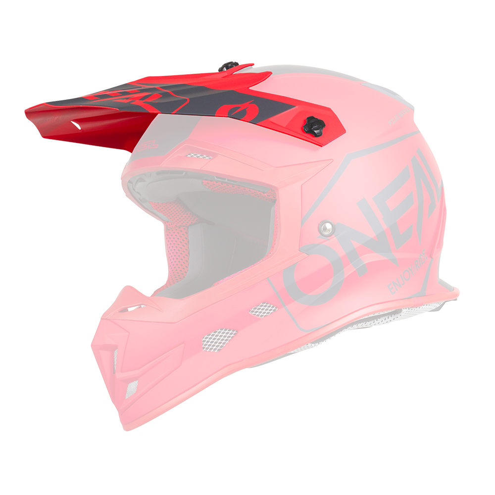 Der O'NEAL Visor 5SRS Helmet HEXX ist ein leuchtend roter Motocross-Helm mit schwarzem O'NEAL-Branding, eckigen Belüftungsöffnungen, einem verlängerten Visier und einem Kinnschutz für zusätzlichen Schutz.