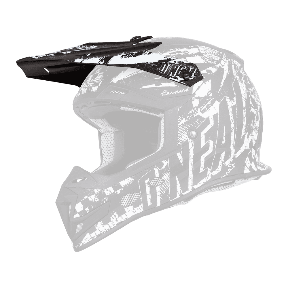 Der O'NEAL Visor 5SRS Helmet RIDER ist ein schwarz-weißer Motocross-Helm mit auffälligen grafischen Mustern, einem Visier und dem O'NEAL-Logo an der Seite.