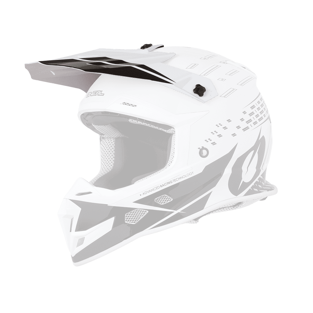 Der O'NEAL Visor 5SRS Helm TRACE von O'NEAL zeichnet sich durch ein weißes und schwarzes, belüftetes Design, eine schlanke, geometrische Grafik, ein Visier und ein Innenfutter aus Mesh vor einem transparenten Hintergrund aus.