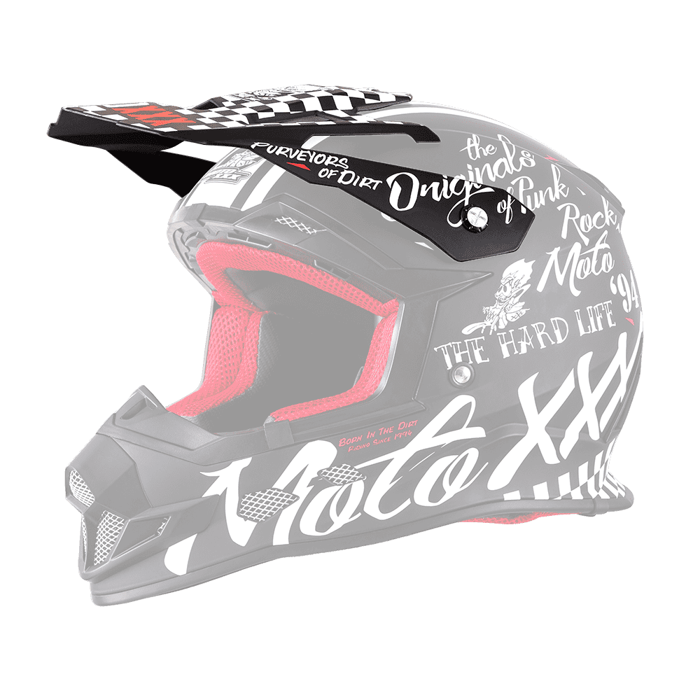 O'NEAL Visor MOTO XXX Helmet TORMENT by O'NEAL: Schwarzer Motocross-Helm mit roter Innenausstattung, weißem Graffiti-Text und Grafiken wie "Moto", "The Originals", "The Hard Life" und "Rock Moto" auf transparentem Hintergrund.