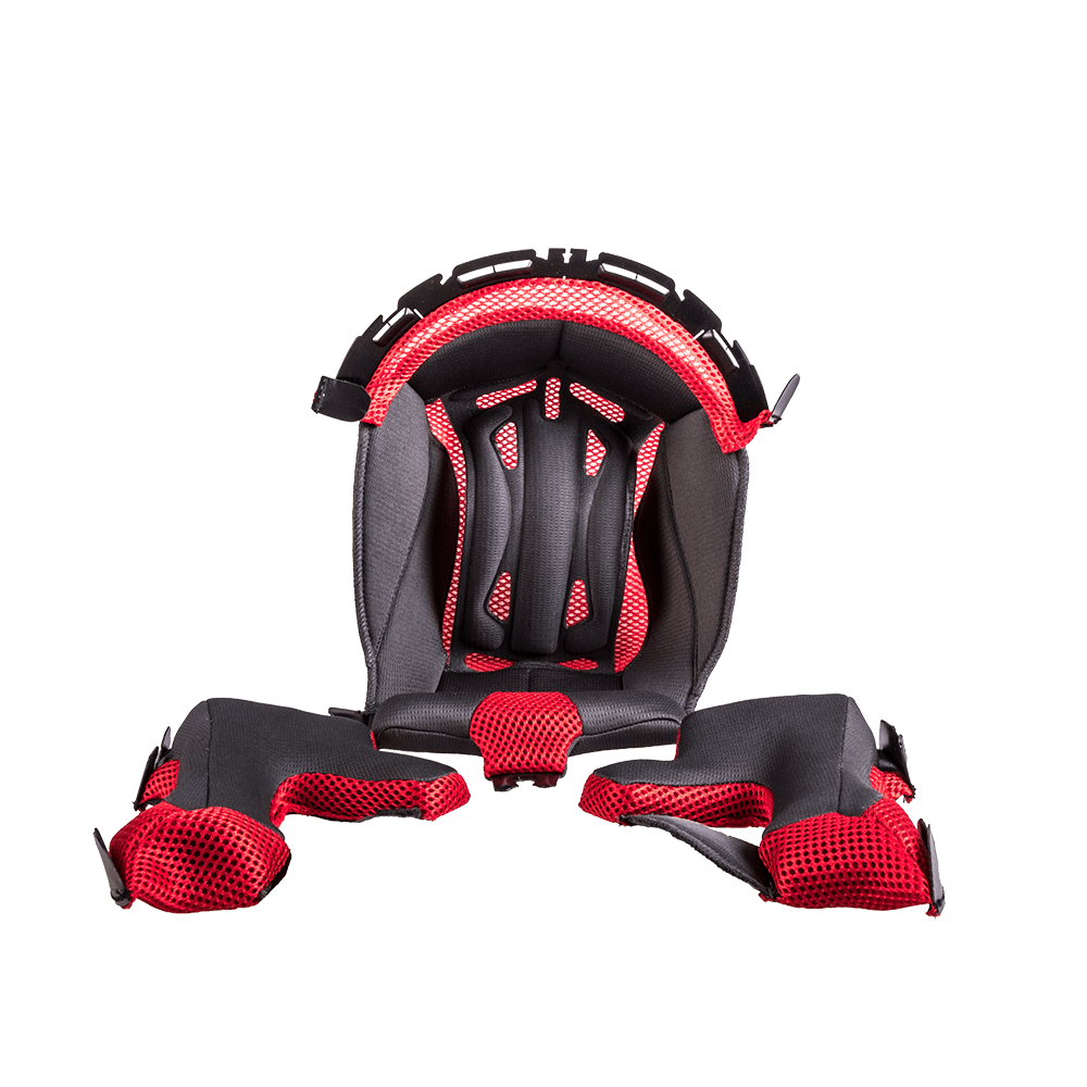 Der O'NEAL Liner & Cheek Pads MOTO XXX Helm verfügt über ein schwarzes und rotes gepolstertes Innenfutter mit Belüftungsnetz für Komfort und Schutz im Inneren Ihres Helms, dargestellt auf einem weißen Hintergrund.