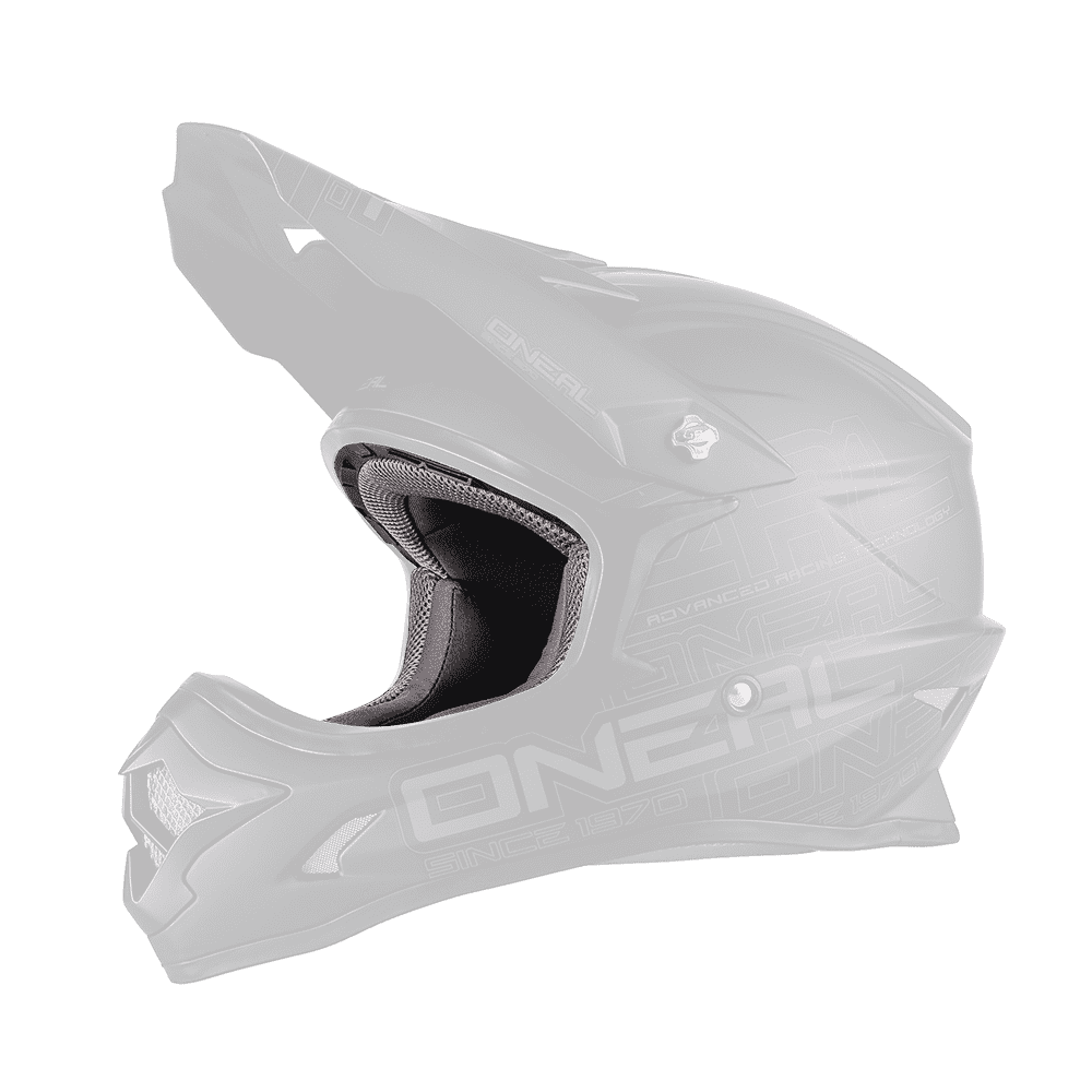 Ein mattschwarzer O'NEAL Liner & Cheek Pads 3SRS Jugendhelm, Integralhelm mit Visier und futuristischer Grafik an der Seite.