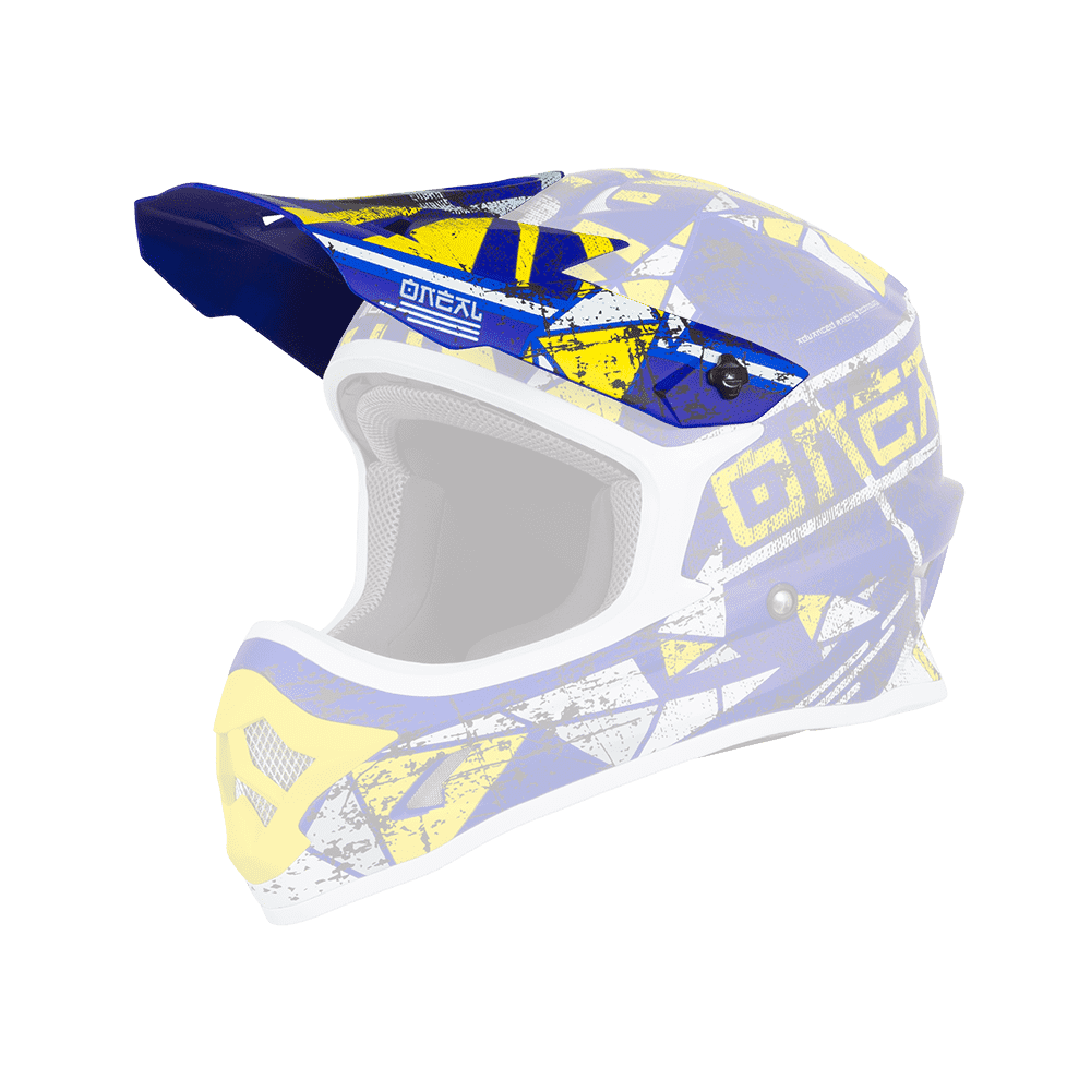 Der O'NEAL Visor 3SRS Helm ZEN zeichnet sich durch ein blaues, gelbes und weißes geometrisches Design mit einem großen Visier, einer gepolsterten Innenseite und dem "O'NEAL"-Schriftzug an der Seite aus.