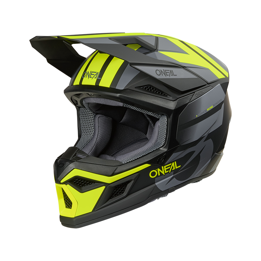 Der O'NEAL 3SRS Helmet RIDE ist ein schwarzer und neongelber Motocross-Helm mit Visier, kantigem Design und Netzfutter, der von der Seite auf einem einfarbigen Hintergrund dargestellt wird.