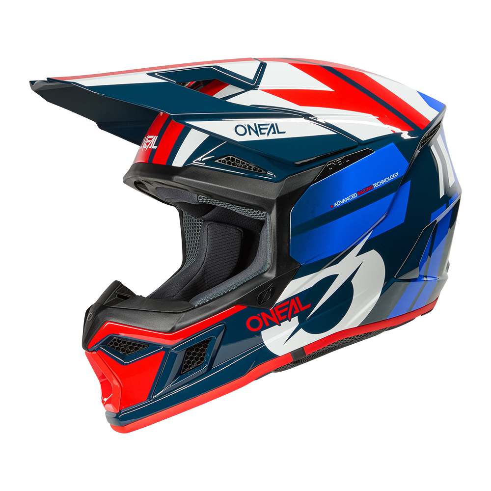 Der O'NEAL 3SRS Helmet RIDE ist ein Motocross-Helm mit Visier, mit einem geometrischen Design in Blau, Weiß und Rot und dem O'NEAL-Logo an der Seite und auf der Vorderseite.