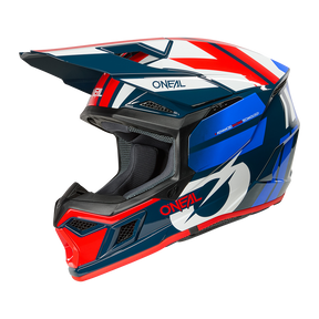 Der O'NEAL 3SRS Helmet RIDE ist ein Motocross-Helm mit Visier, mit einem geometrischen Design in Blau, Weiß und Rot und dem O'NEAL-Logo an der Seite und auf der Vorderseite.