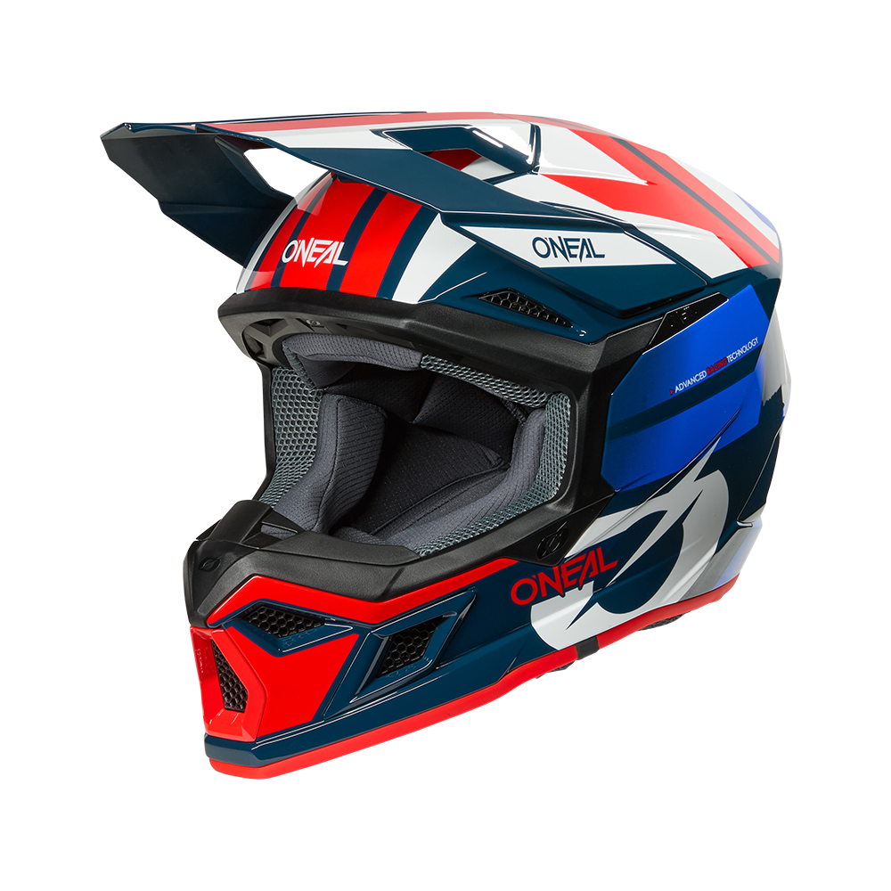 Der O'NEAL 3SRS Helmet RIDE ist ein Motocross-Helm mit rot-weiß-blau-schwarzem Grafikdesign, Visier, Kinnschutz und O'NEAL-Branding an der Seite und vorne.