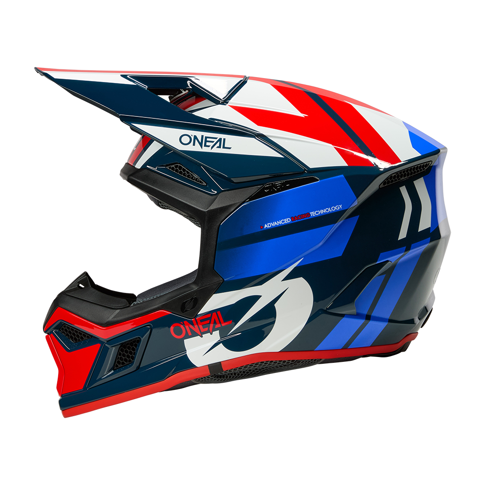Seitenansicht des O'NEAL 3SRS Helms RIDE mit geometrischem Design in Rot, Blau, Weiß und Schwarz, Visier, großem Kinnlogo und Etikett mit fortschrittlicher Aufpralltechnologie.