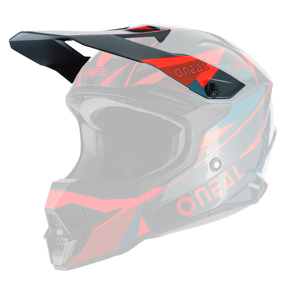 Der O'NEAL Visor 3SRS Helmet TRIZ ist ein roter, schwarzer und blauer Motocross-Vollvisierhelm mit geometrischen Mustern, einem Visier und dem O'NEAL-Logo auf der Seite und der Vorderseite.