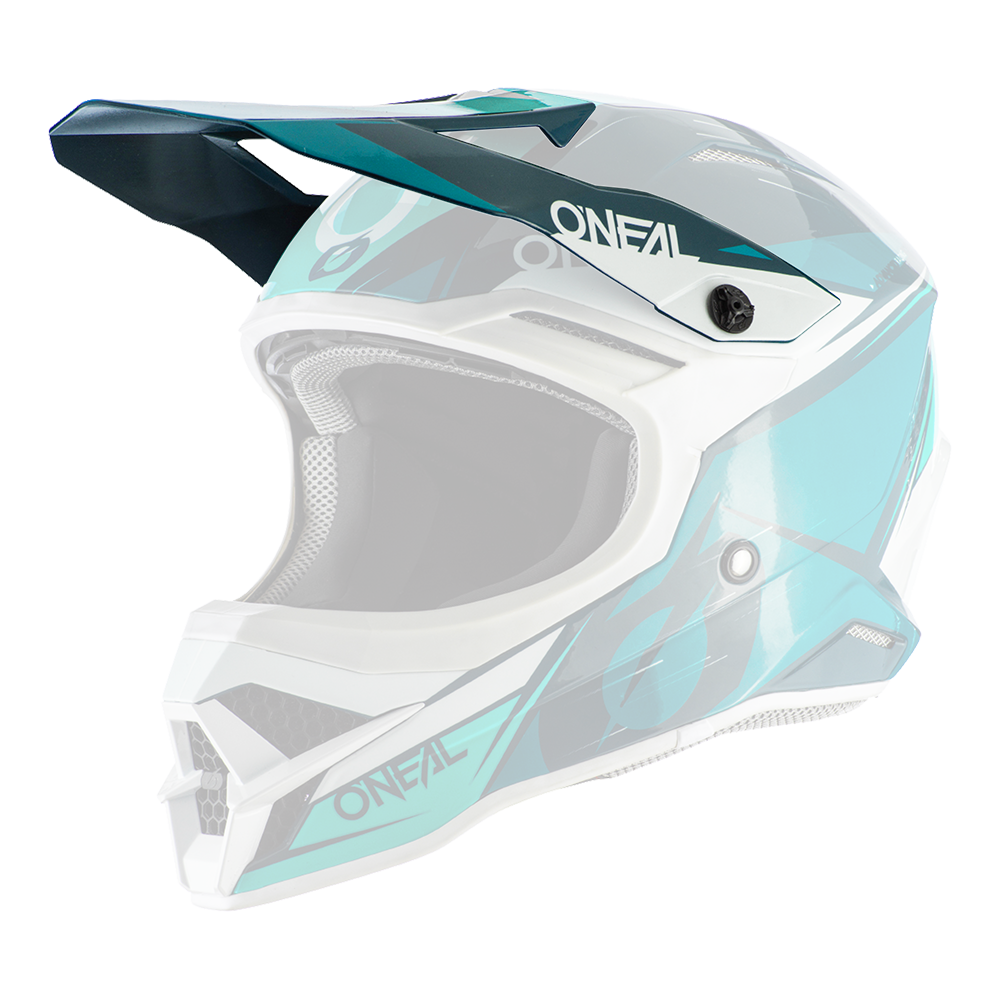 Der O'NEAL Visor 3SRS Helmet STARDUST ist ein blaugrüner, weißer und schwarzer Motocross-Helm mit auffälligem O'NEAL-Branding, kantigem Design, Belüftungsöffnungen und einem Visier (von links).