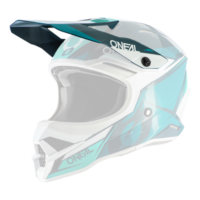 Der O'NEAL Visor 3SRS Helmet STARDUST ist ein blaugrüner, weißer und schwarzer Motocross-Helm mit auffälligem O'NEAL-Branding, kantigem Design, Belüftungsöffnungen und einem Visier (von links).