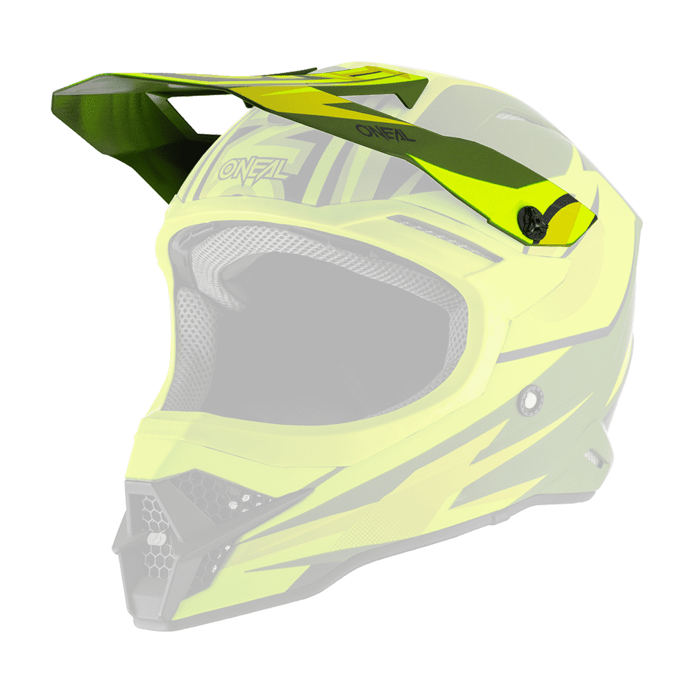 Der O'NEAL Visor 3SRS Helmet RIFF 2.0 ist ein gelb-schwarzer Motocross-Helm mit auffälligen Grafiken, einem kantigen Visier und einem belüfteten Mundschutz, dargestellt in der Seitenansicht auf weißem Hintergrund.