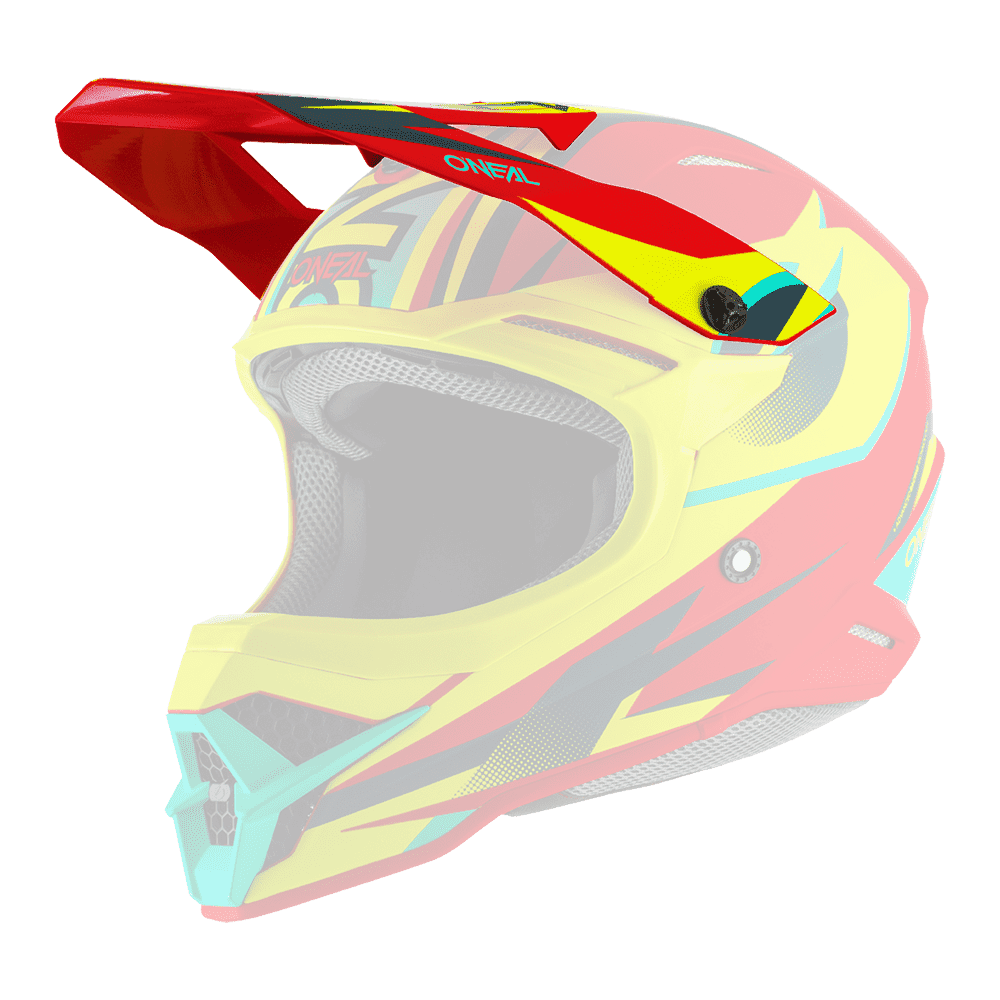 Der O'NEAL Visor 3SRS Helm RIFF 2.0 von O'NEAL zeichnet sich durch ein auffälliges geometrisches Design in Rot, Gelb, Türkis und Schwarz mit einem großen Visier und einem Kinnschutz mit Lüftungsöffnungen aus.