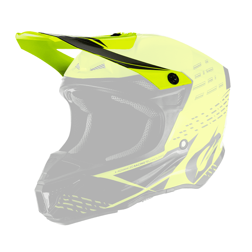 Der O'NEAL Visor 5SRS Polyacrylite Helm TRACE ist ein gelb-schwarzer Motocross-Helm mit Visier, aerodynamischen Belüftungsöffnungen und seitlichen Grafiken, die auf einem transparenten Hintergrund dargestellt sind.