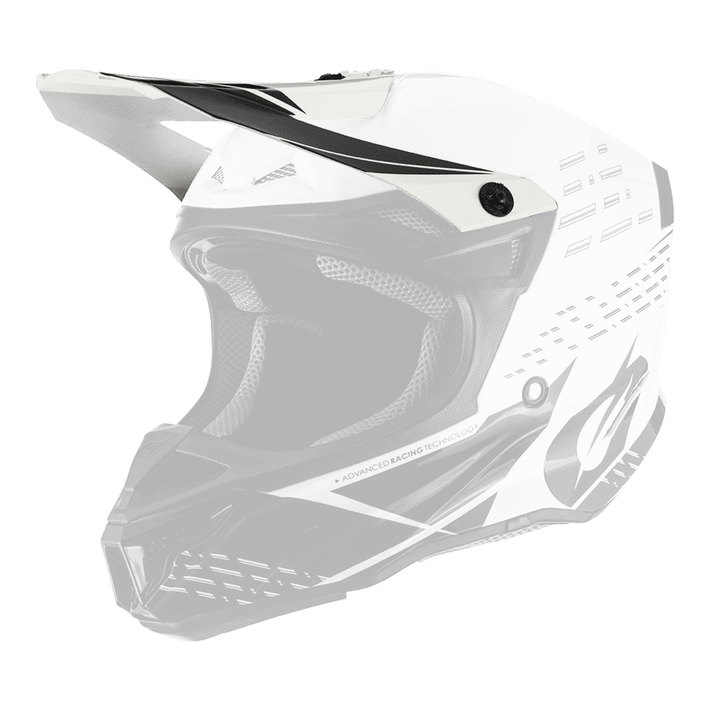 Der O'NEAL Visor 5SRS Polyacrylit-Helm TRACE zeichnet sich durch ein schwarz-weißes aerodynamisches Design, ein Visier und eine netzgepolsterte Innenausstattung aus, hier in der Seitenansicht vor einem transparenten Hintergrund.