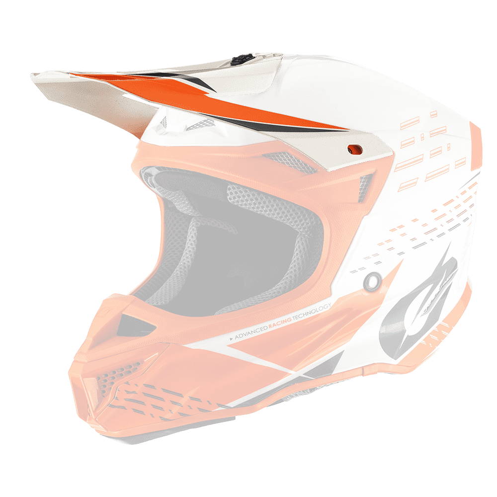 Der im Seitenprofil gezeigte O'NEAL Visor 5SRS Polyacrylite Helm TRACE ist ein weißer und orangefarbener Motocross-Helm mit Visier, Lüftungsschlitzen und geometrischen Mustern auf transparentem Hintergrund.