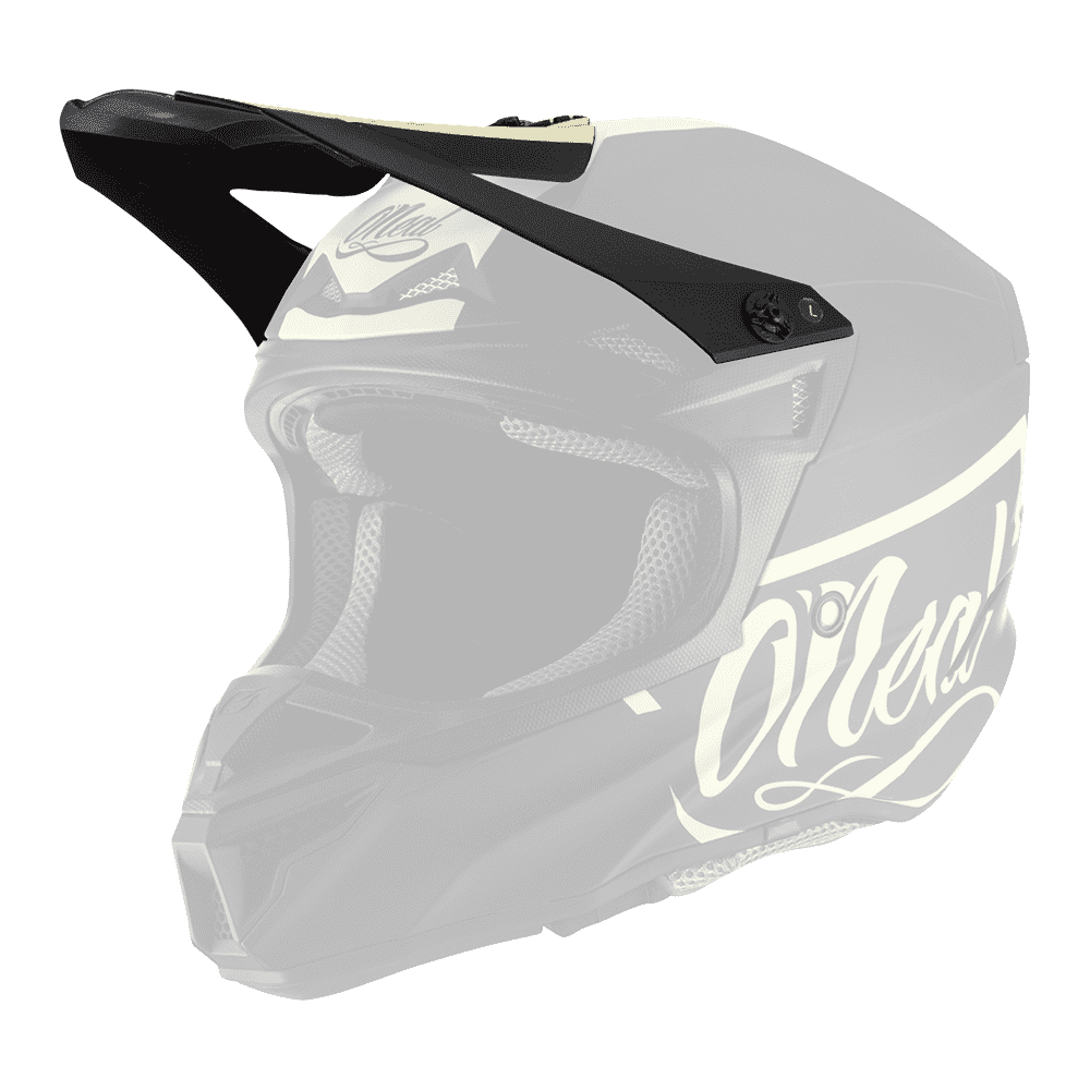 Der O'NEAL Visor 5SRS Polyacrylite Helm RESEDA ist ein schwarzer und cremefarbener Off-Road-Helm mit Visier, Belüftungsfunktionen und dem O'NEAL-Markennamen in großer Schrift auf der Seite.
