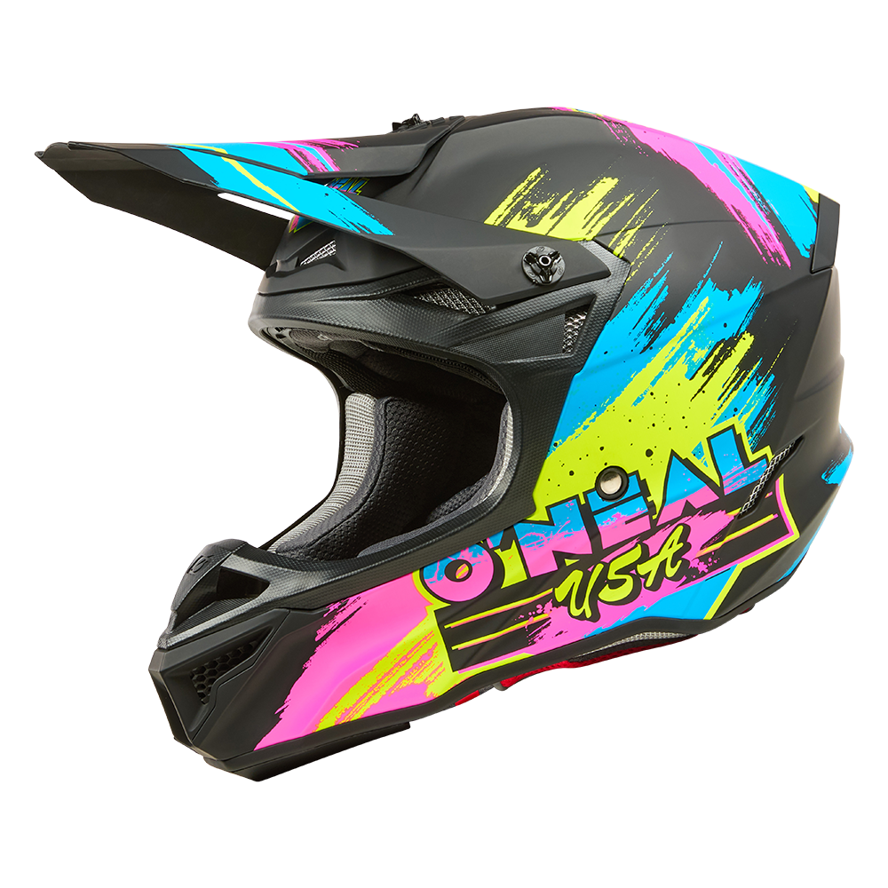 Der O'NEAL 5SRS Polyacrylit-Helm RESEDA hat ein schwarzes Design mit neonblauen, pinken und gelben Pinselstrich-Akzenten und dem Aufdruck "O'NEAL USA" an der Seite.