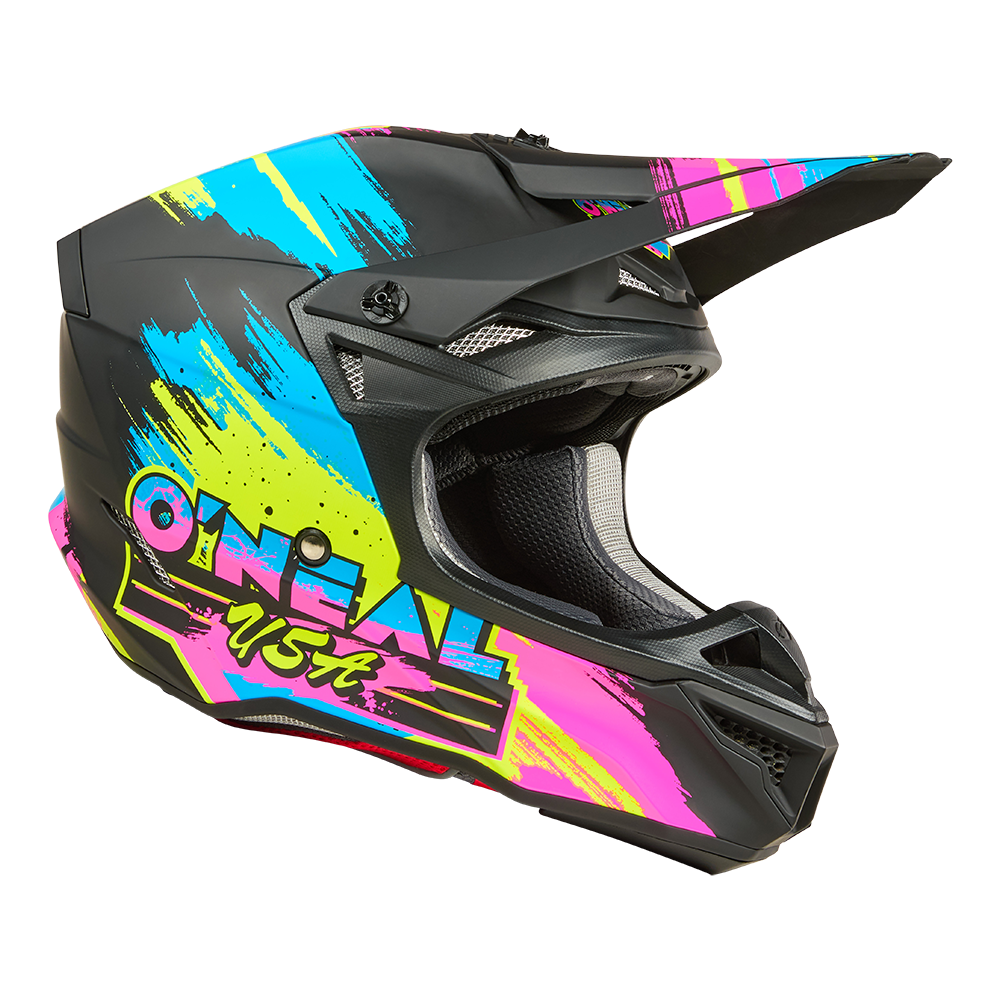 Der O'NEAL 5SRS Polyacrylite Helmet RESEDA ist ein schwarzer Motocross-Helm mit neonblauen, gelben und pinken Grafiken, "O'NEAL USA" an der Seite, einem großen Visier und mehreren Belüftungsöffnungen.