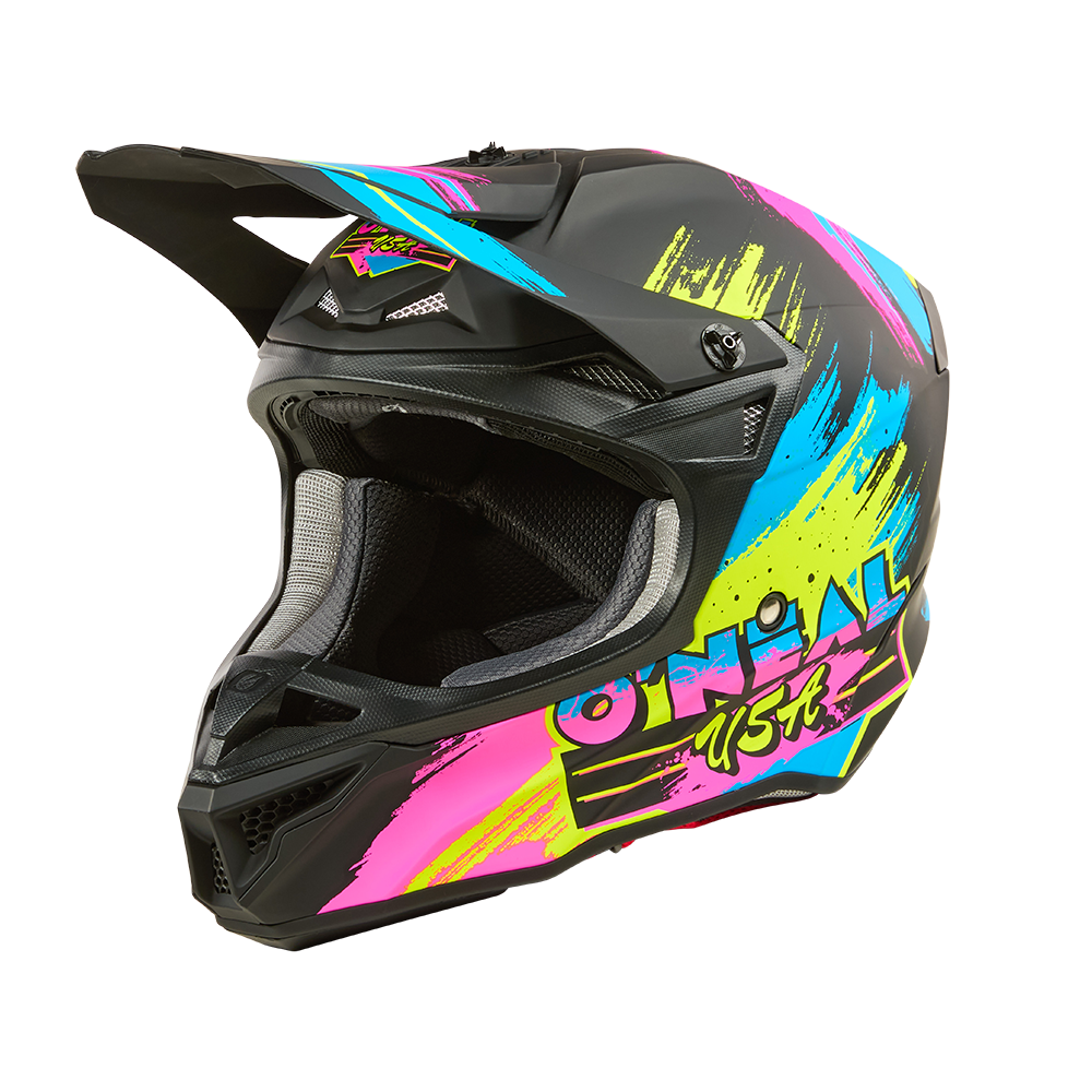 Der O'NEAL 5SRS Polyacrylite Helm RESEDA ist ein schwarz/neonfarbener Motocross-Helm mit Visier, der mit auffälligen blauen, gelben und pinken Graffiti-Motiven und dem O'NEAL-Logo an der Seite versehen ist.