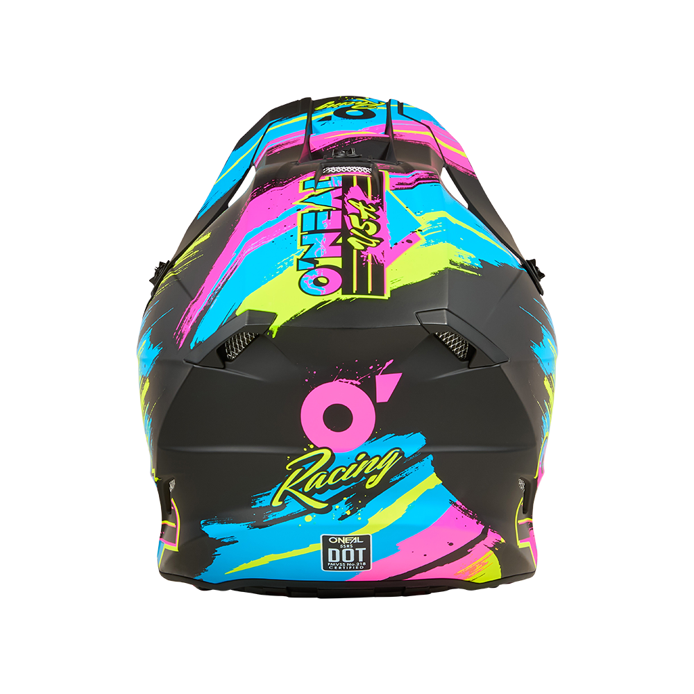 Der O'NEAL 5SRS Polyacrylite Helmet RESEDA ist ein schwarzer Motocross-Helm mit neonblauen, gelben und pinken Pinselstrichen und den markanten Logos "O'NEAL" und "Racing" auf der Rückseite.