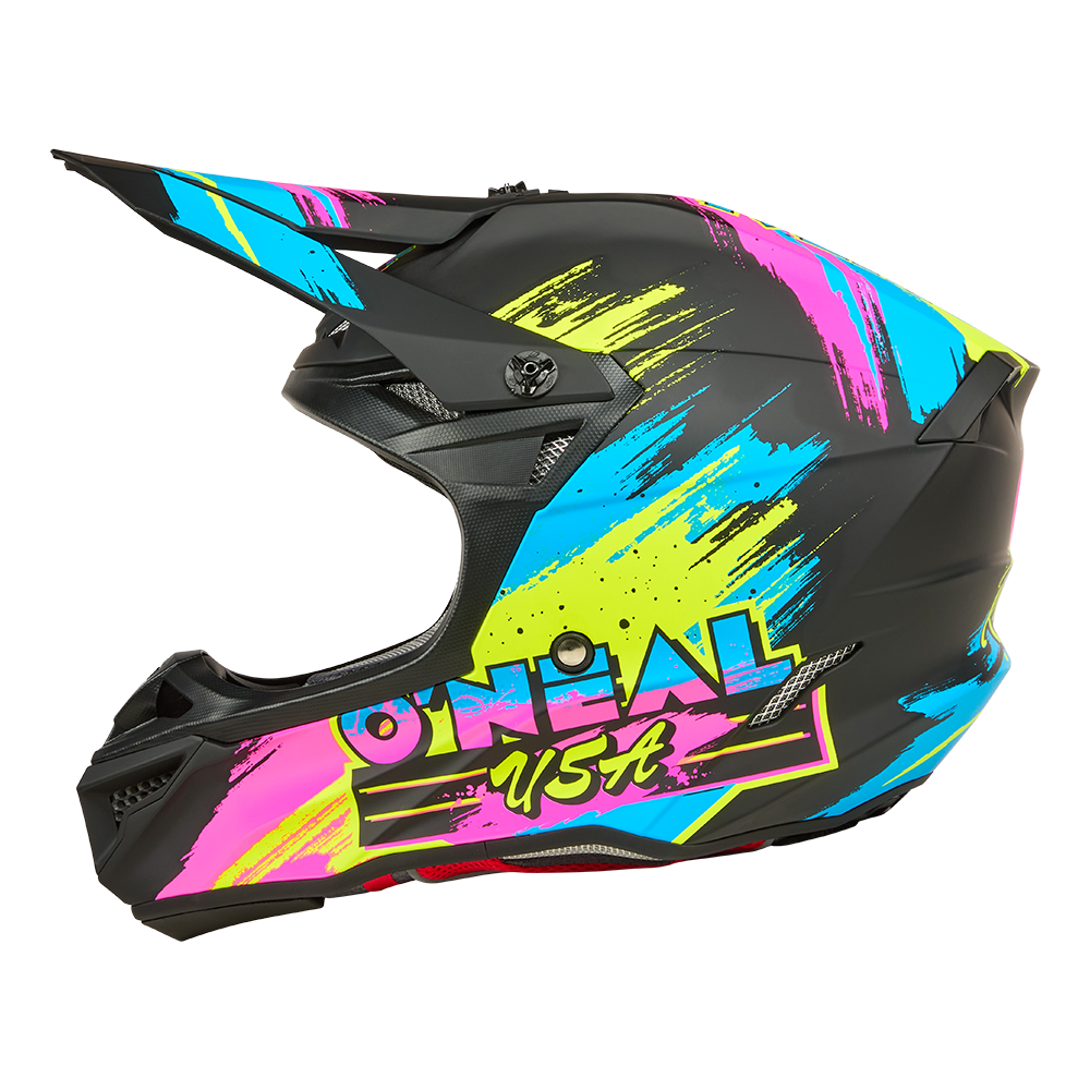 Ein schwarzer O'NEAL 5SRS Polyacrylite Helm RESEDA mit einem Kinnschutz und leuchtenden neonblauen, gelben und pinken Farbspritzern an der Seite.