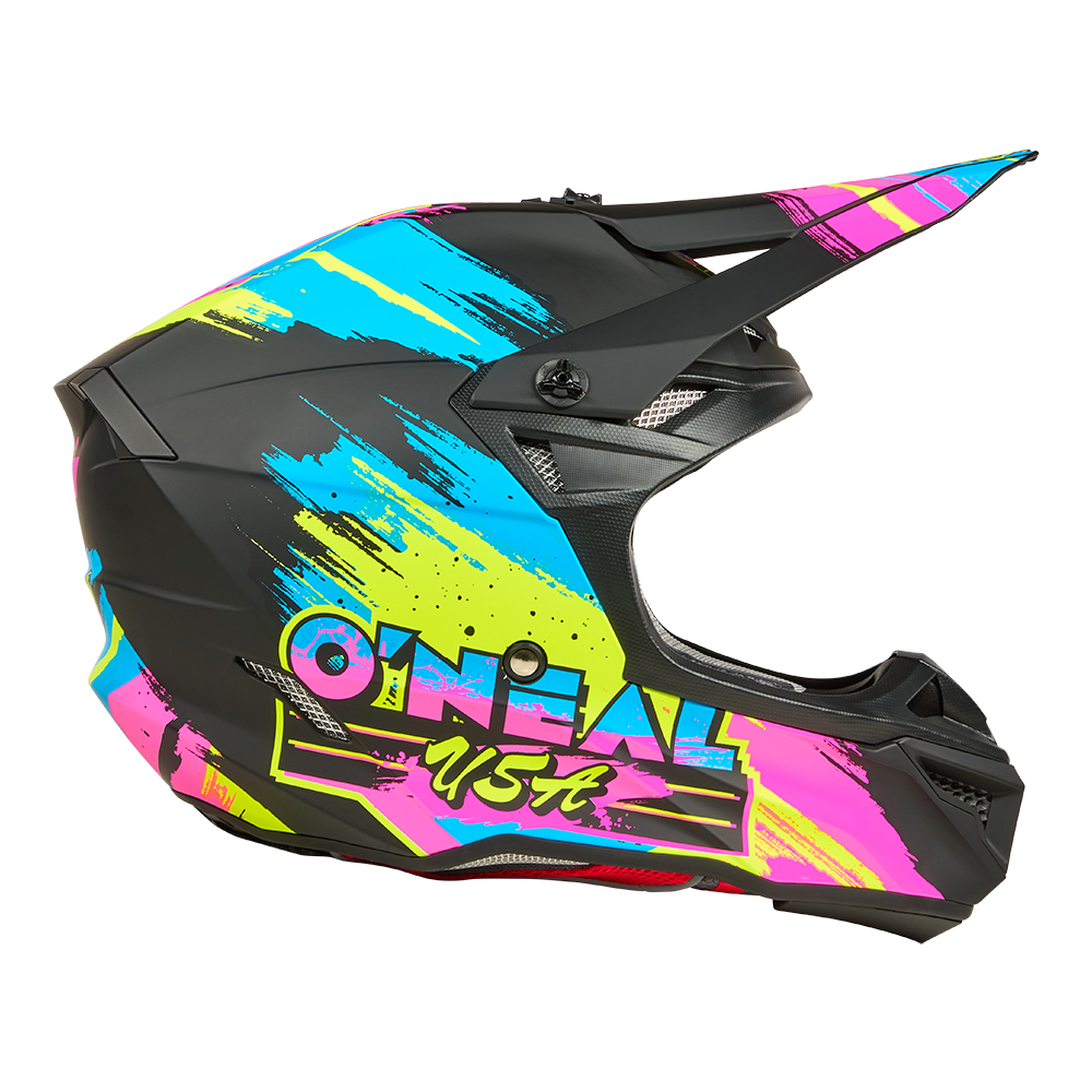 Der O'NEAL 5SRS Polyacrylite Helmet RESEDA ist ein schwarzer Motocross-Helm mit leuchtenden neonblauen, gelben und pinken Pinselstrichmustern und dem O'NEAL-Logo an der Seite.