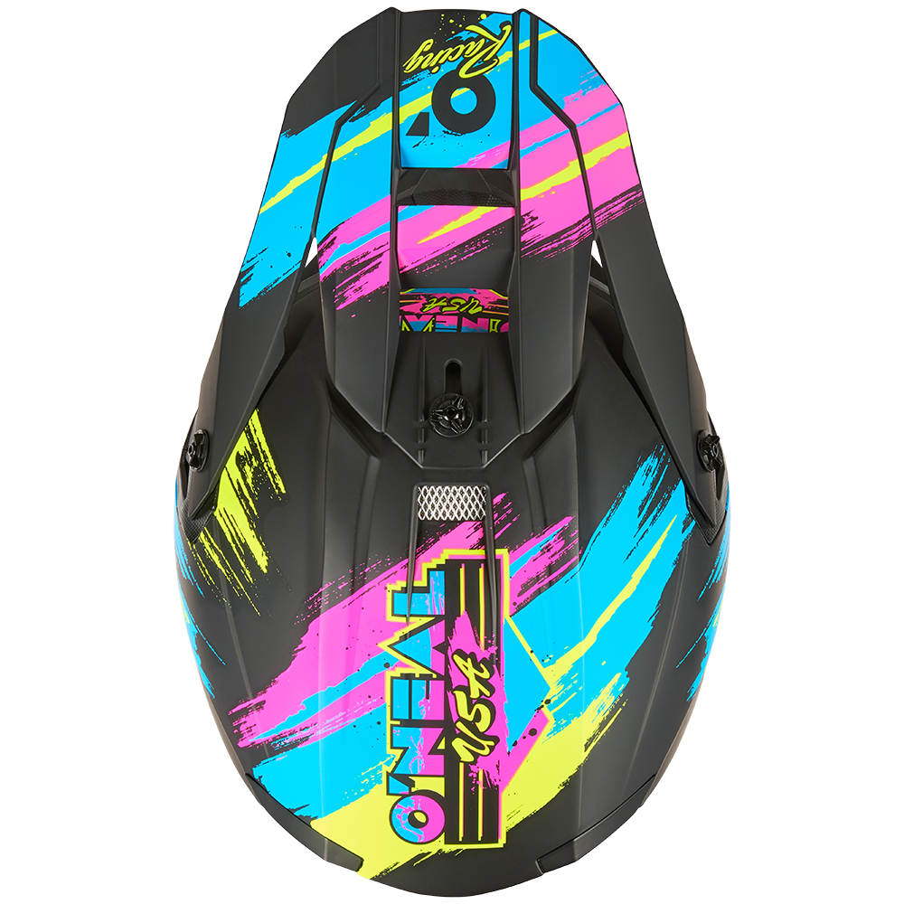 Draufsicht auf den O'NEAL 5SRS Polyacrylit-Helm RESEDA in Schwarz mit leuchtenden rosa, blauen und gelben Pinselstrichmustern und auffälligem O'NEAL-Branding.
