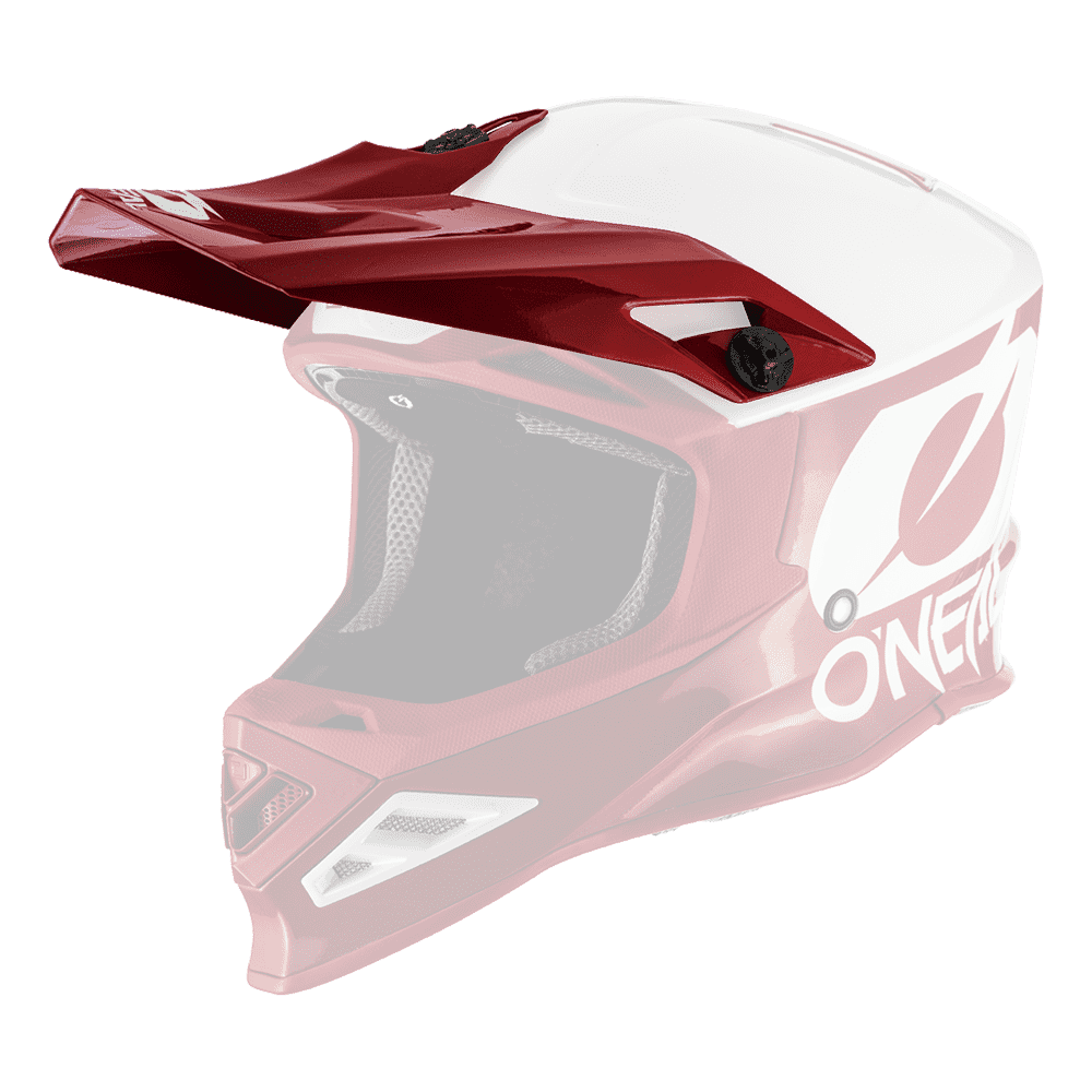 Ein rot-weißer O'NEAL Visor F-SRS Helmet 2T Off-Road-Motorradhelm mit Visier und der Marke O'NEAL an der Seite, dargestellt vor einem transparenten Hintergrund.