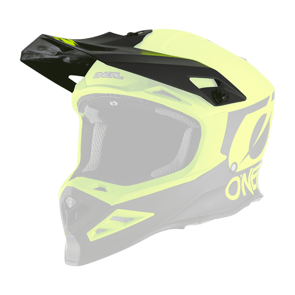 Der O'NEAL Visor F-SRS Helm 2T ist ein leuchtend gelber und schwarzer Offroad-Motorradhelm mit einem Visier, Belüftungsöffnungen und einem auffälligen O'NEAL-Branding an der Seite.