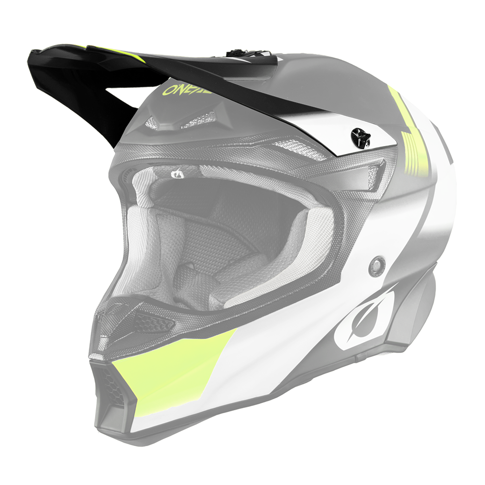 Der O'NEAL Visor 10SRS Hyperlite Helmet BLUR von O'NEAL ist ein schwarzer, weißer und neongelber Motocross-Helm mit Visier und Belüftungsöffnungen, die von der Seite auf einem transparenten Hintergrund dargestellt werden.
