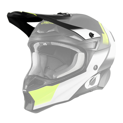 Der O'NEAL Visor 10SRS Hyperlite Helmet BLUR von O'NEAL ist ein schwarzer, weißer und neongelber Motocross-Helm mit Visier und Belüftungsöffnungen, die von der Seite auf einem transparenten Hintergrund dargestellt werden.