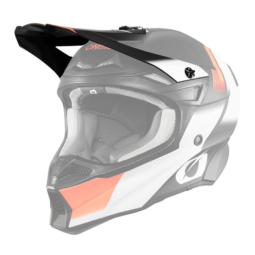 Der O'NEAL Visor 10SRS Hyperlite Helm BLUR von O'NEAL ist ein schwarz-weiß-orangefarbener Offroad-Helm mit Visier, Belüftungsöffnungen und gepolsterter Innenausstattung, dargestellt in der Seitenansicht auf transparentem Hintergrund.