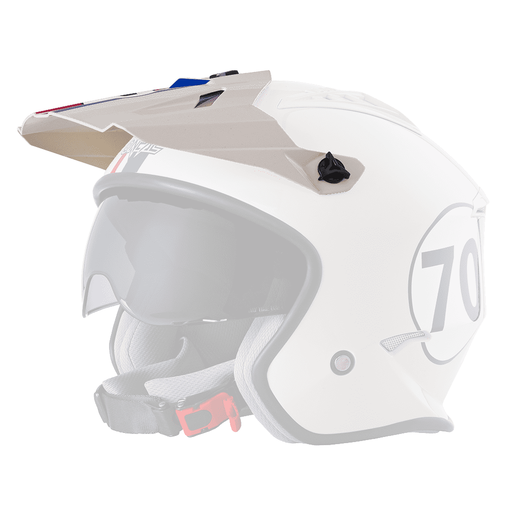 Der O'NEAL Visor VOLT Helm HERBIE ist ein weißer Motorradhelm mit einem Visier, einer schwarz getönten Brille, einem roten Schnallenriemen und der Nummer 70 an der Seite.