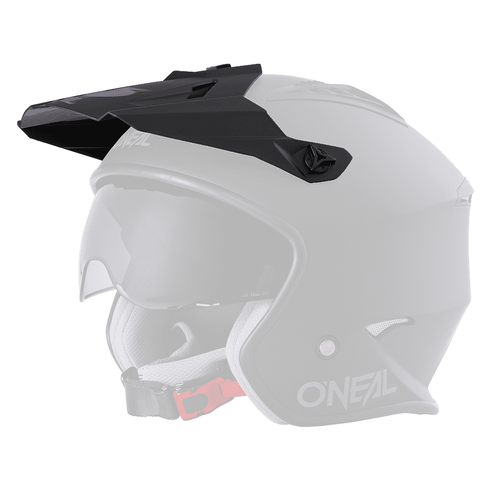 Der O'NEAL Visor VOLT Helmet SOLID ist ein mattschwarzer Motorradhelm mit integrierter Sonnenblende, Visier, roter Kinnriemenschnalle, grauer Innenpolsterung und O'NEAL-Branding an der Seite und Vorderseite.