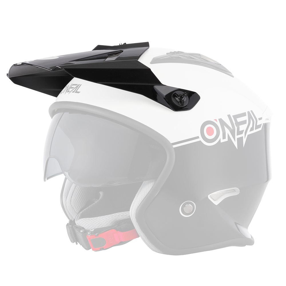 Der O'NEAL Visor VOLT Helmet CLEFT ist ein schwarz-weißer Motorradhelm mit Visier, Sonnenblende, Kinnschutz und roter Kinnriemenschnalle, dargestellt im Seitenprofil.