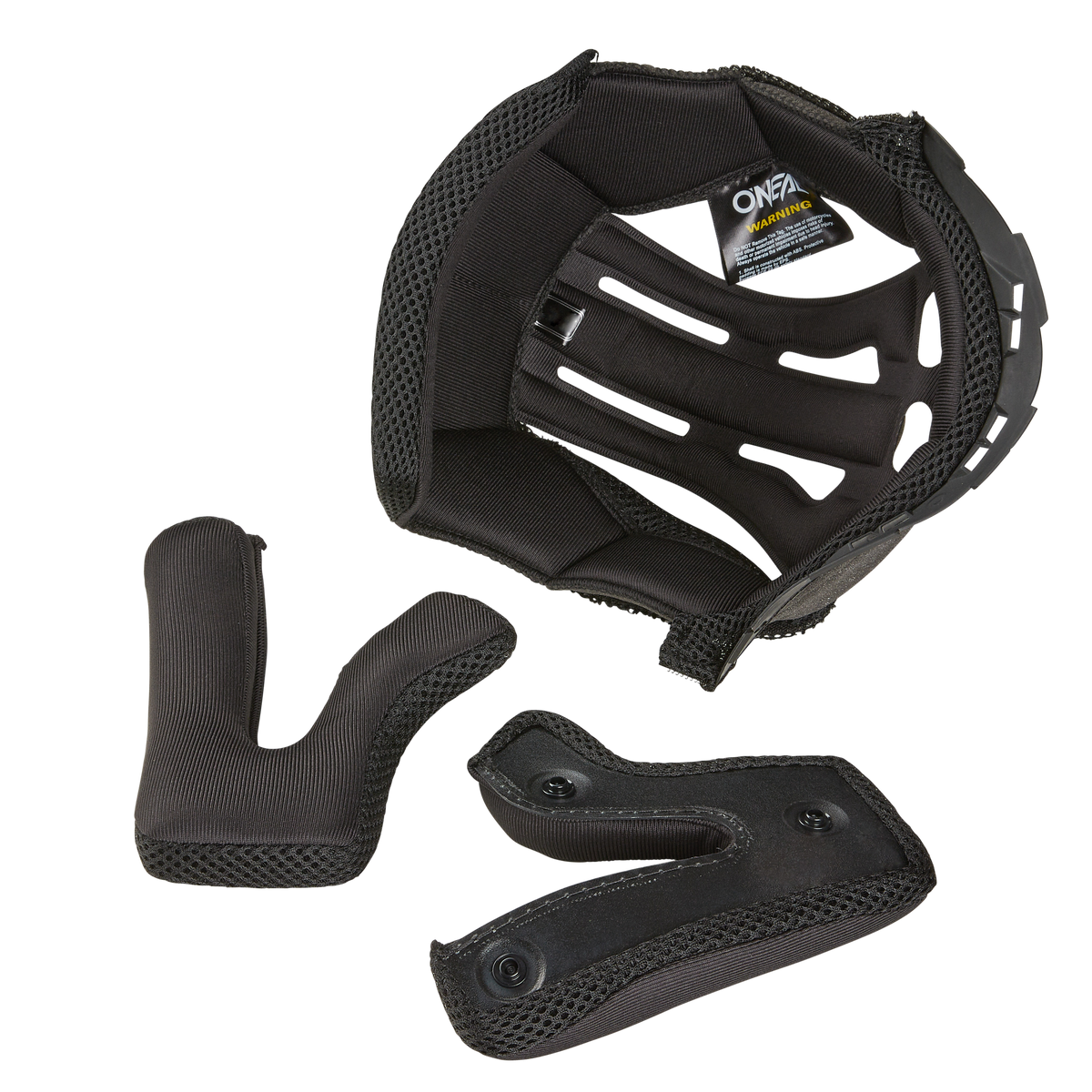 Drei schwarze O'NEAL Liner & Cheek Pads C-SRS Helmeinsätze sind einzeln abgebildet und heben ihre strukturierten Oberflächen und Druckknöpfe hervor, die für die Verwendung mit O'NEAL-Helmen geeignet sind.