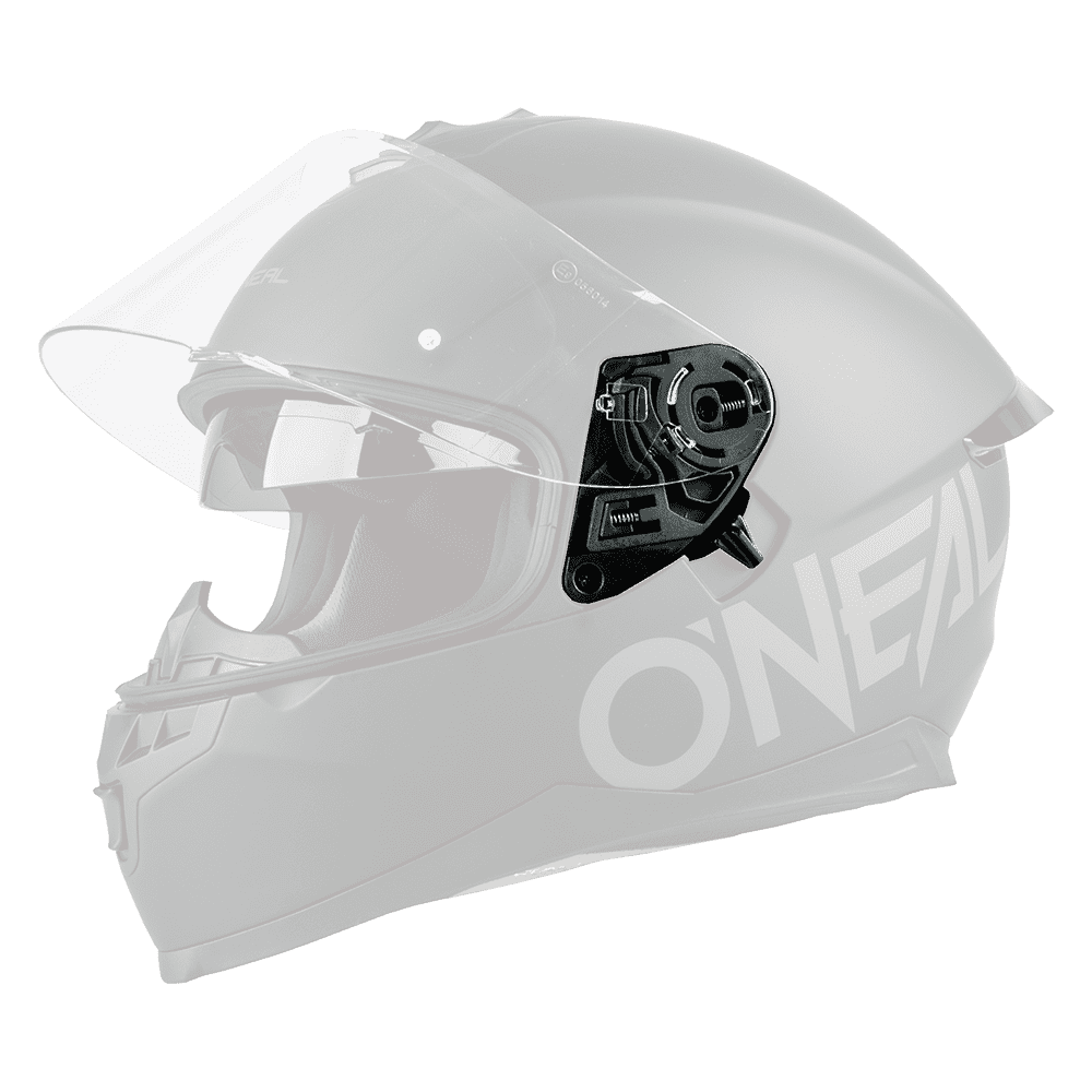 Mattschwarze O'NEAL CHALLENGER Ersatzseitenplatten für Motorradhelme mit dem O'NEAL-Logo, die für Vollvisiermodelle mit Visier und Belüftung geeignet sind.