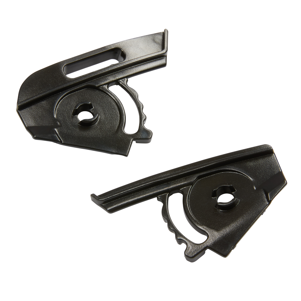 Zwei schwarze, gewölbte O'NEAL SIERRA Ersatz-Seitenschilder aus Kunststoff mit gekerbten Kanten und kreisrunden Öffnungen in der Mitte sind parallel zueinander auf schwarzem Hintergrund angeordnet.