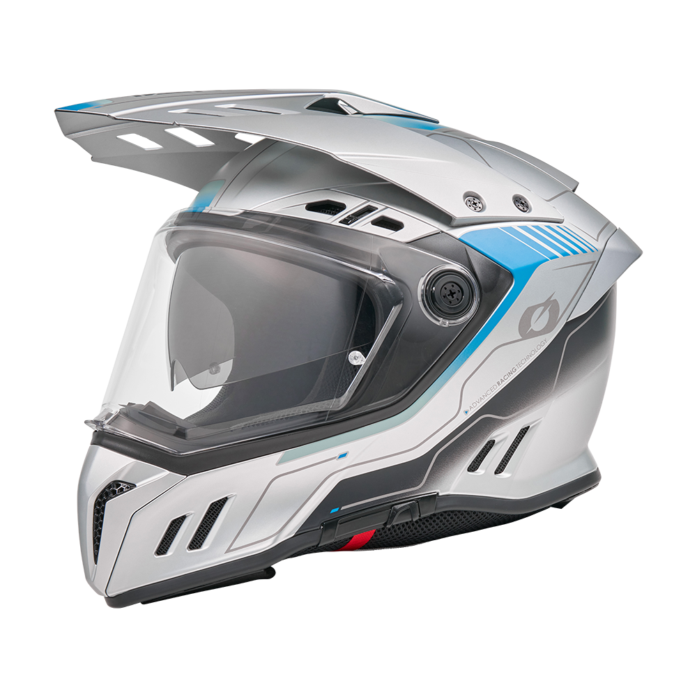 Ein silber-blauer O'NEAL SIERRA RS Helm ECHO mit klarem Visier, Quin Smart Safety Sensor, Lüftungsschlitzen und Sonnenschutzdach ist vor einem schlichten weißen Hintergrund abgebildet.