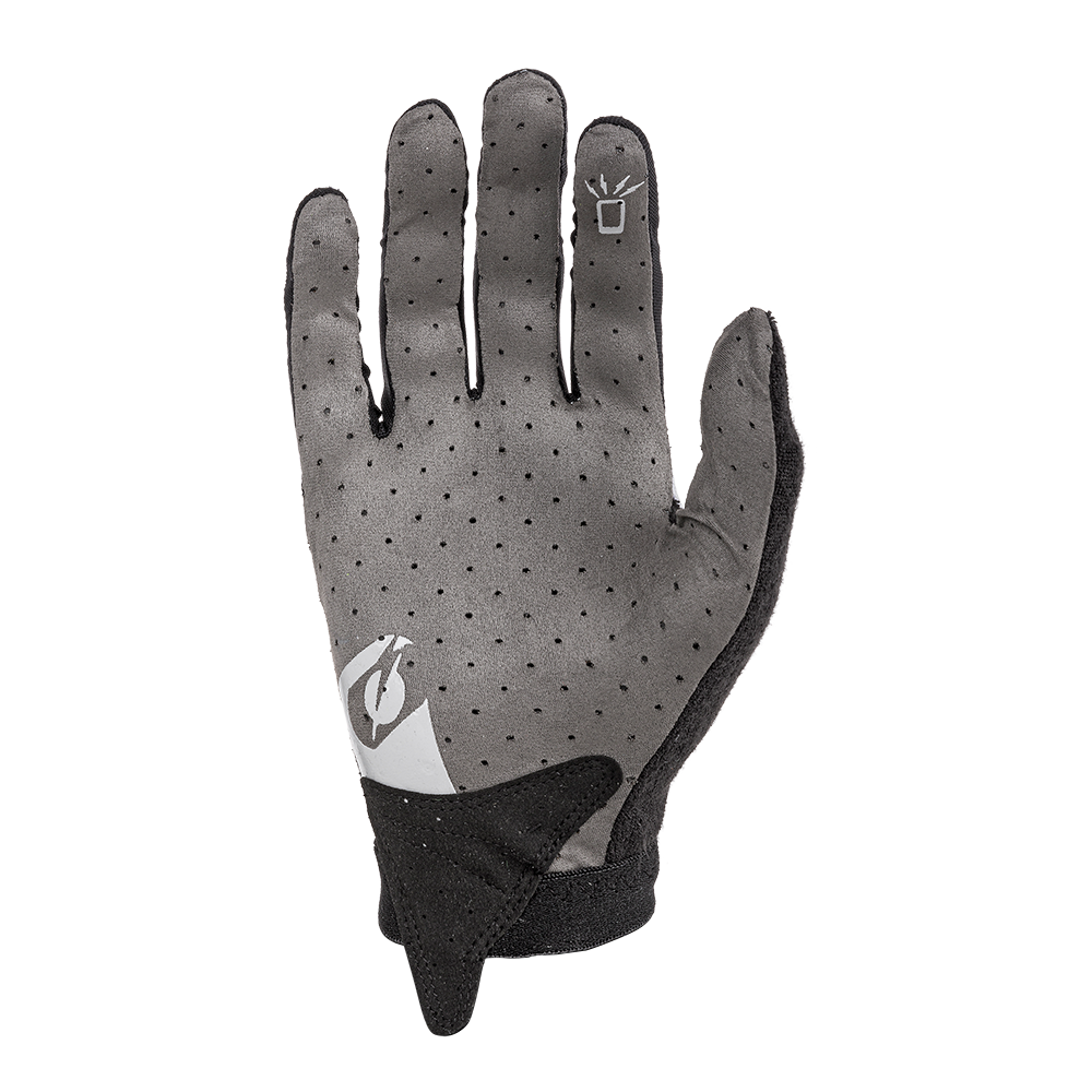 Ein einzelner grau/schwarzer O'NEAL AMX Nanofront Handschuh ALTITUDE wird mit der Handfläche nach oben gezeigt, mit Belüftungslöchern, einem Logo auf der unteren Handfläche und einem Touchscreen-Indexfinger - entworfen für Champions wie DH-Weltmeister Greg Minnaar.