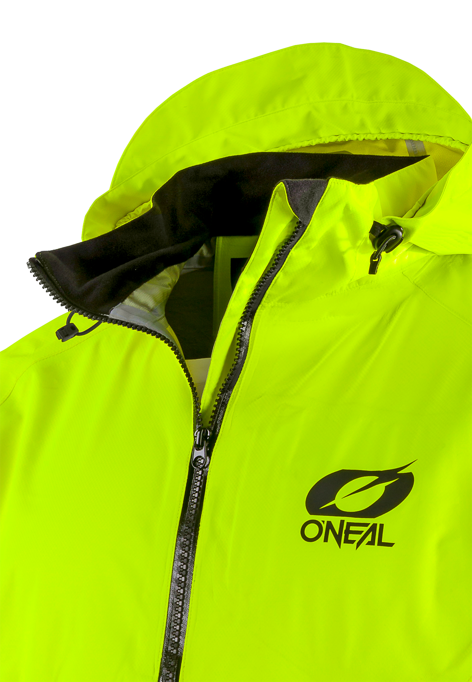 Eine Nahaufnahme der leuchtend gelben O'NEAL TSUNAMI Regenjacke mit Kapuze, teilweise geöffnetem Reißverschluss und dem schwarzen O'NEAL Logo auf der linken Brust.